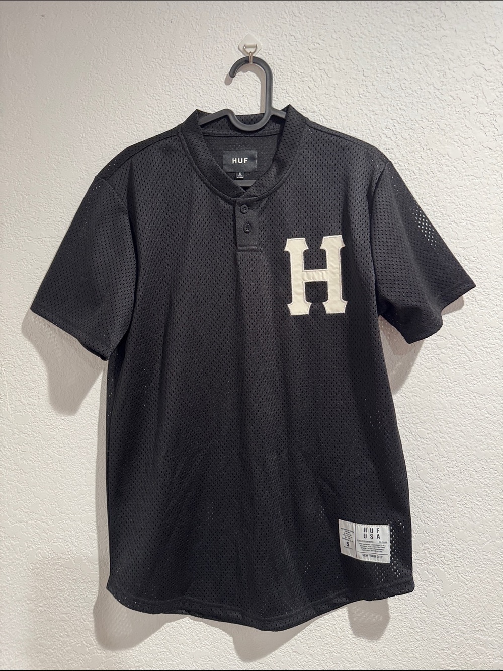 HUF Black Mesh Henley Baseball Tee with White 'H' Patch